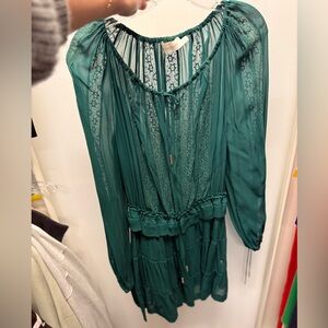 Silk mini dress with lace trim Emerald Green Like New! Medium